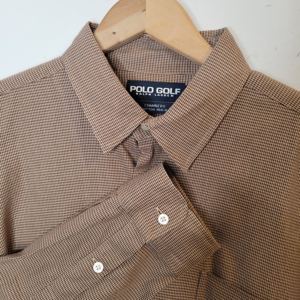 Polo Golf Ralph Lauren Chambers Shirt Mens XL Tan Houndstooth Cotton Rayon L/S